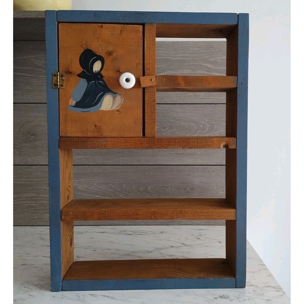 Vintage Folkart Wood Wall Shelf With Amish Girl On Door Shadow Box Farmhouse
